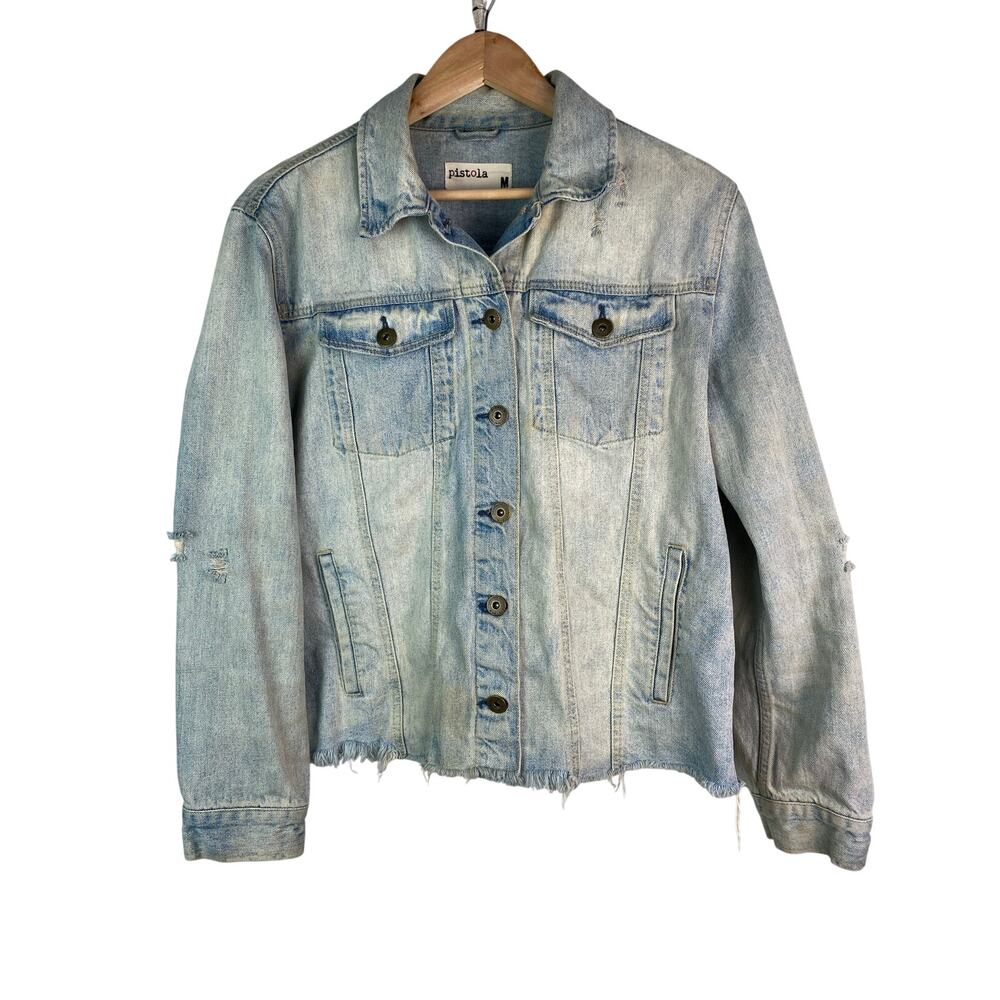 Pistola Women's Size M Distressed Light Wash Raw Hem Denim Jacket *